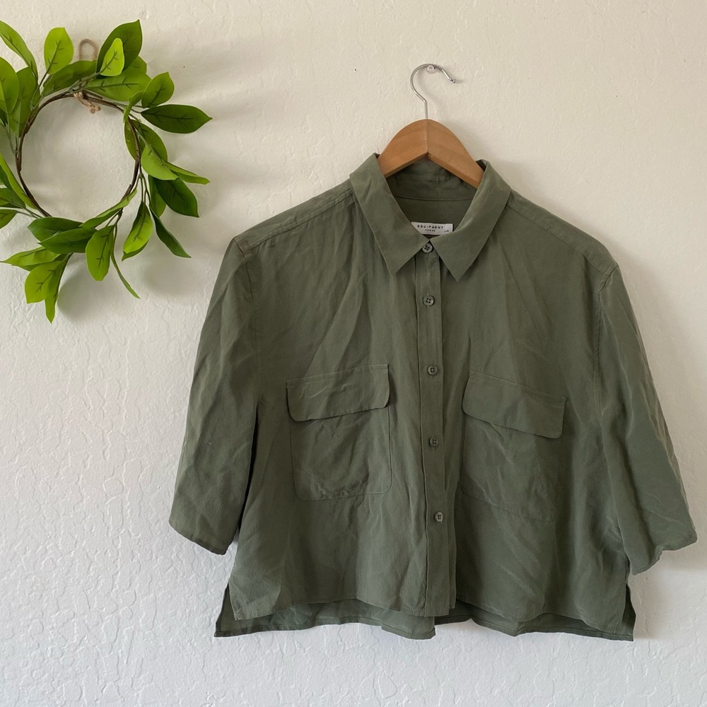 Equipment Femme Olive Green Silk Crop Shirt